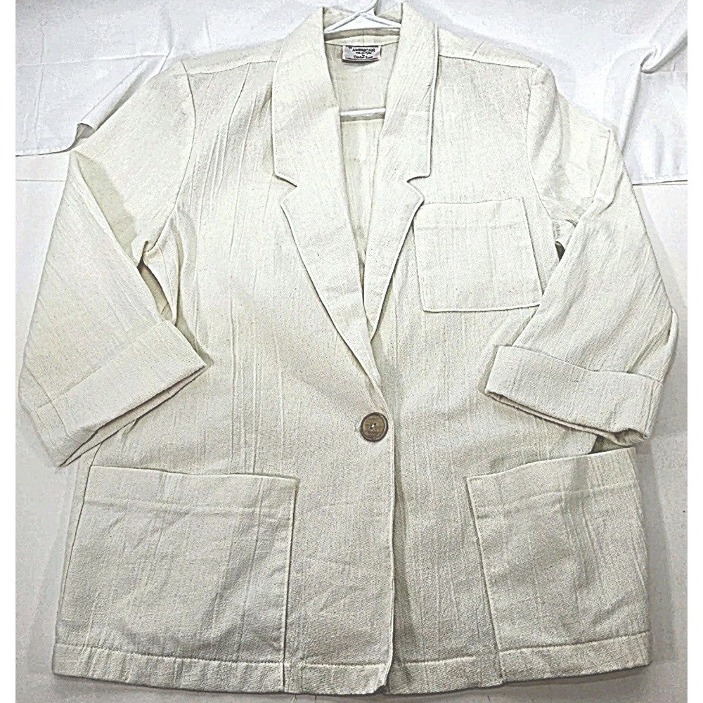 Vintage Women Ivory Blazer Jacket Linen Like USA Made Size 14 Minimalist Summer